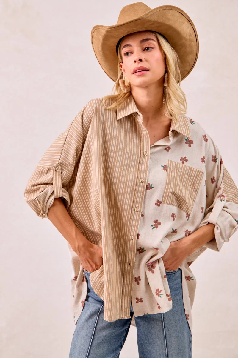 Convertible Cuff System Faux Fur Collar IT1770G-04 | FLORAL PRINT AND STRIPES MIX AND MATCH SHIRT TOP