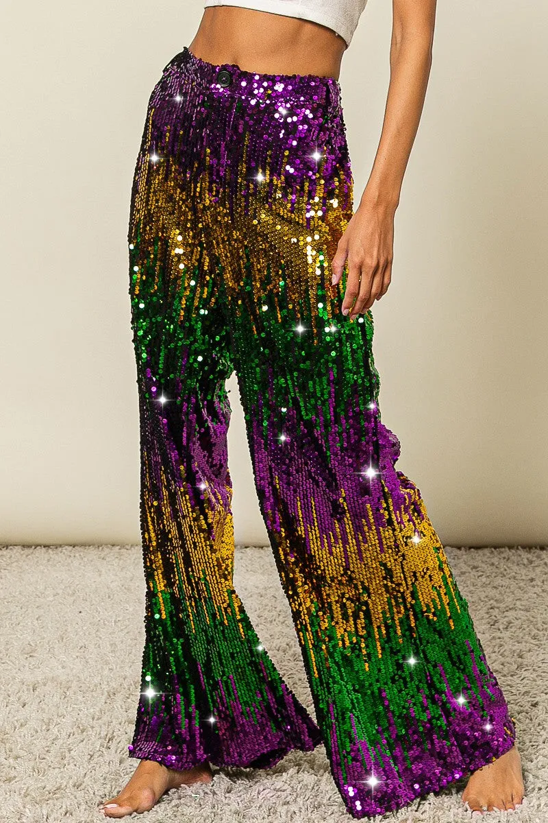 AntiPillingFabric Striped Pattern IB1236G-01 | MARDI GRAS SEQUIN WIDE PANTS