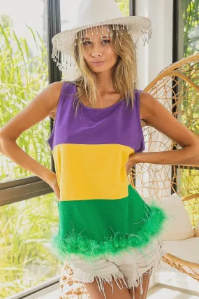 IP6273J-02 | MARDI GRAS COLOR BLOCK FAUX FEATHER HEM TOP Flexible Hemline