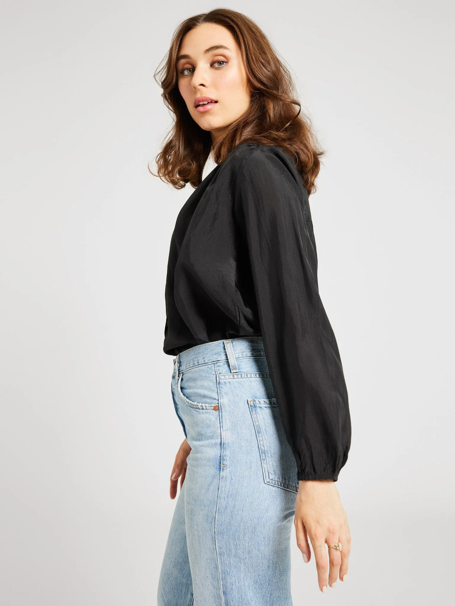 Francesca Top in Black Silk Durable Stitching Flexible Ribbed Cuffs