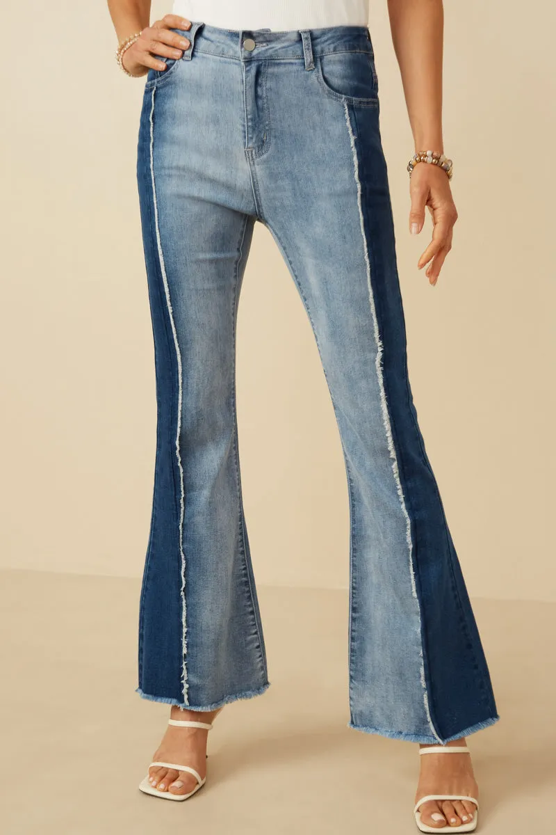 Pull-on style Fray Detailed Two Tone Flare Jeans