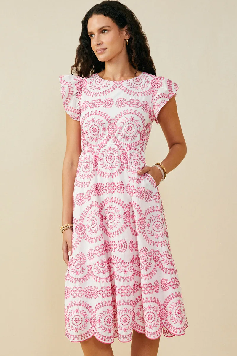 Fit Vibe Classic Appeal Womens Eyelet Embroidered Flutter Sleeve Scallop Hem Dress