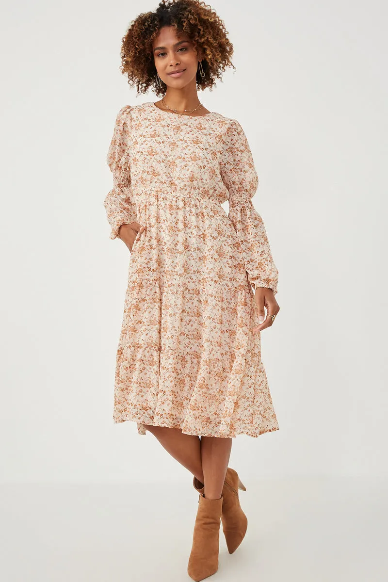Relaxing Style Floral Print Smocked Sleeve Midi Dress