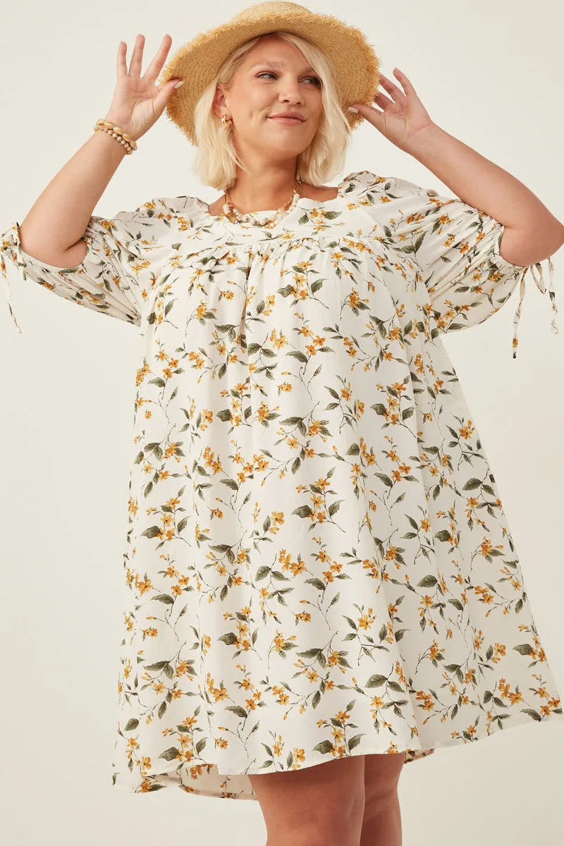 Floral Square Neck Tie Sleeve Dress LowProfileZipper