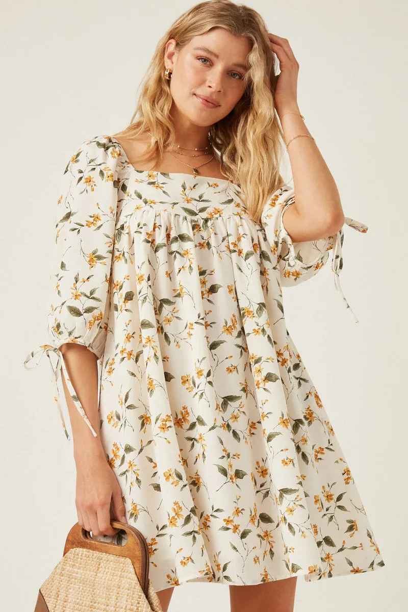 Floral Square Neck Tie Sleeve Dress Printed-Fabric Contrasting Detail