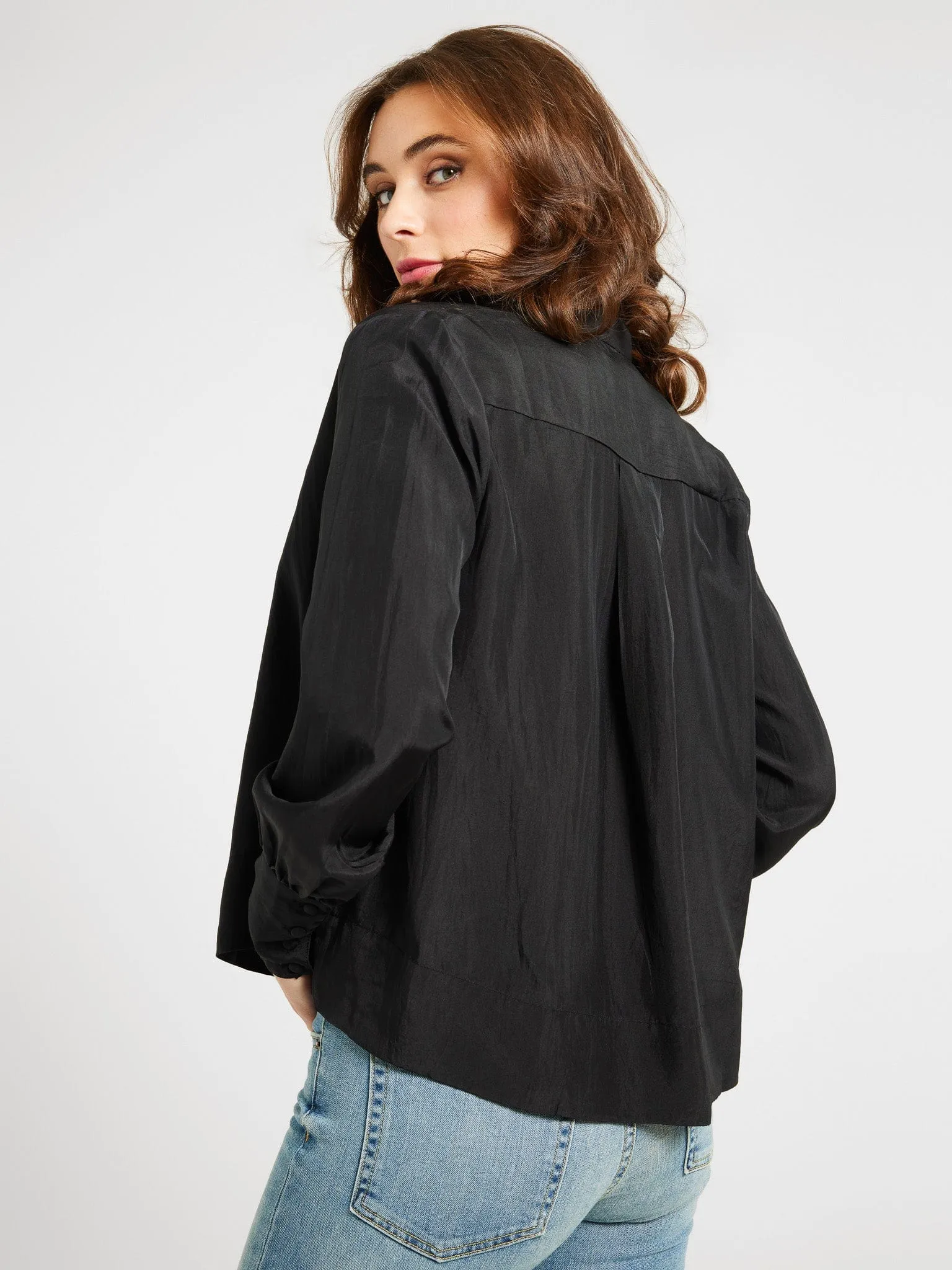 Freya Top in Black Silk Layered Neckline Details HiddenVentilationPockets