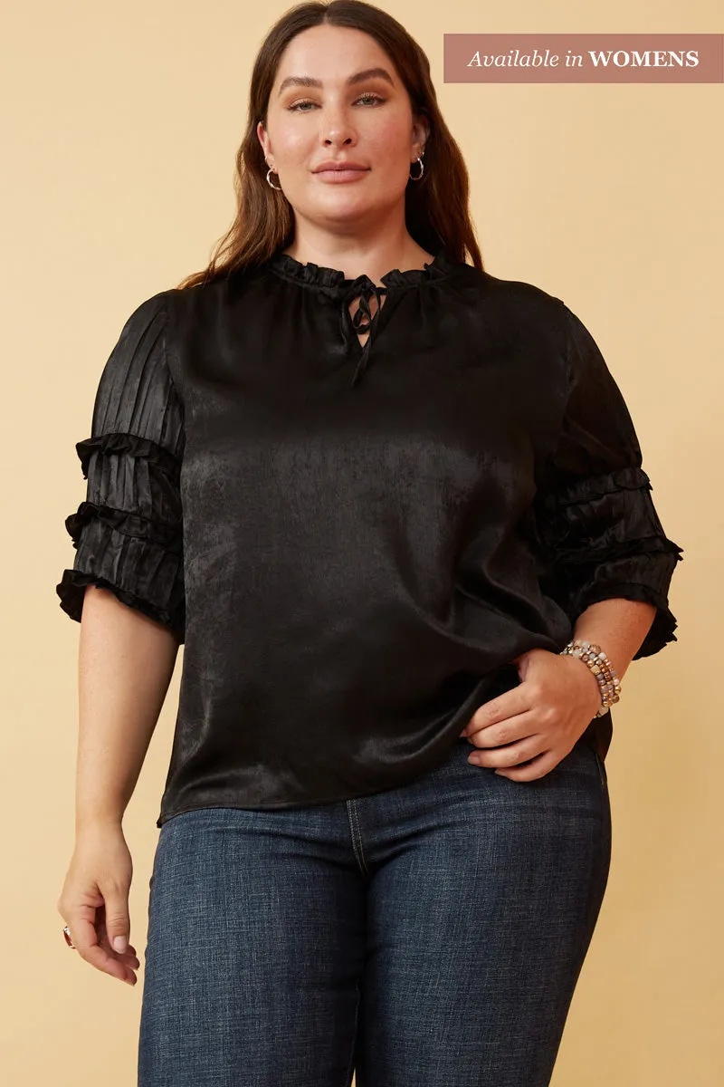 Casual Button-Down FoamReinforcedCollar Crushed Satin Pleated Sleeve Ruffled Top