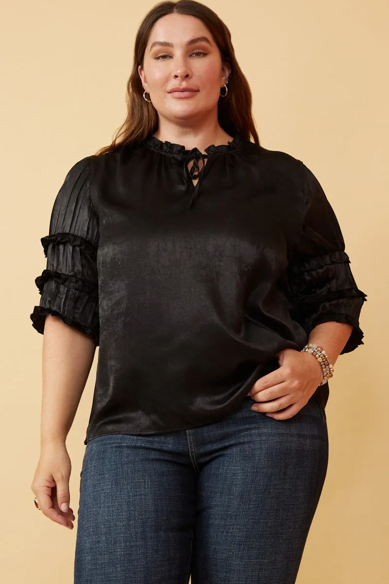 Crushed Satin Pleated Sleeve Ruffled Top SoftInteriorLining