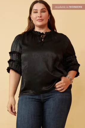 Casual Button-Down FoamReinforcedCollar Crushed Satin Pleated Sleeve Ruffled Top
