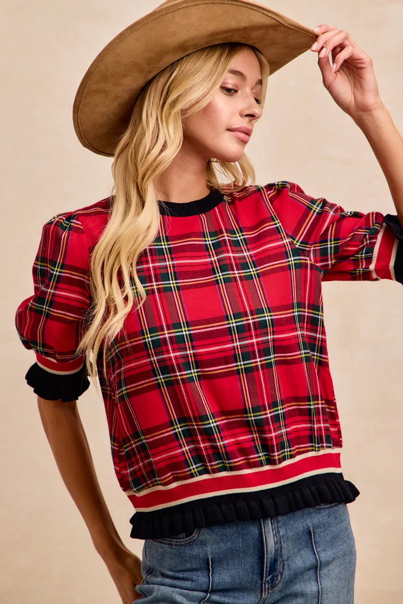 IT3352G-06 | CHRISTMAS PLAID CONTRAST BANDED PUFF SLEEVES TOP Moisture wicking