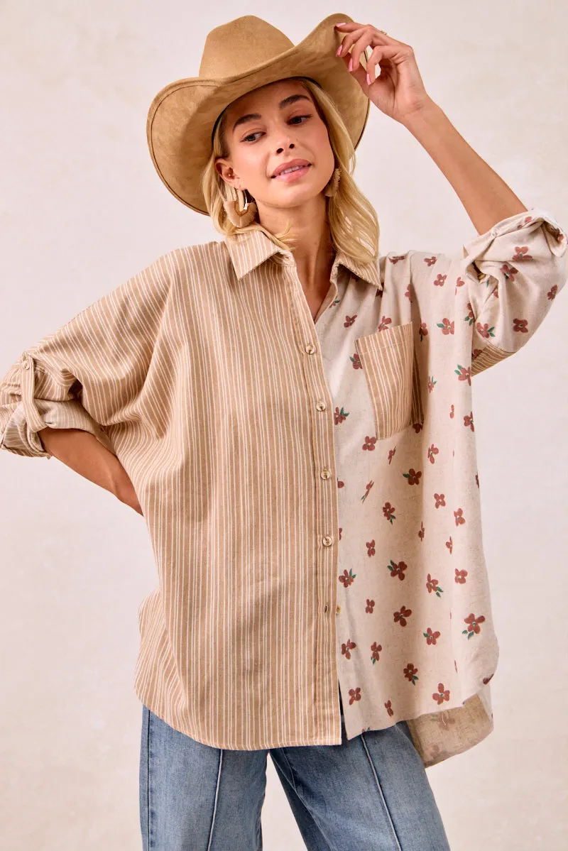 IT1770G-04 | FLORAL PRINT AND STRIPES MIX AND MATCH SHIRT TOP Easy to Wear LayeredNeckline