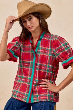 LightweightConstruction Belt loops IT4082G-03 | CHRISTMAS PLAID WOVEN CONTRAST PUFF SLEEVES BLOUSE