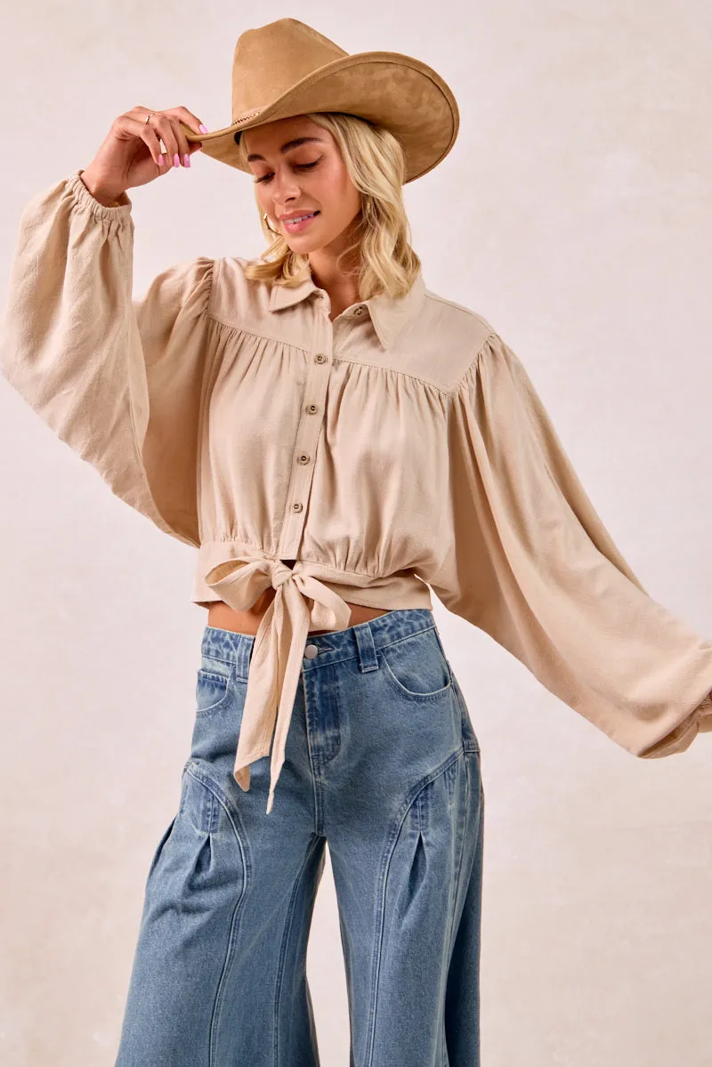FlexibleElasticatedEdging Curved Hem Design IT4380G-01 | LINEN VISCOSE TIE HEM DETAIL CROP BLOUSE