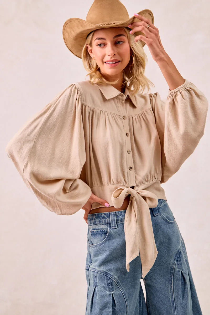 IT4380G-01 | LINEN VISCOSE TIE HEM DETAIL CROP BLOUSE LowMaintenance