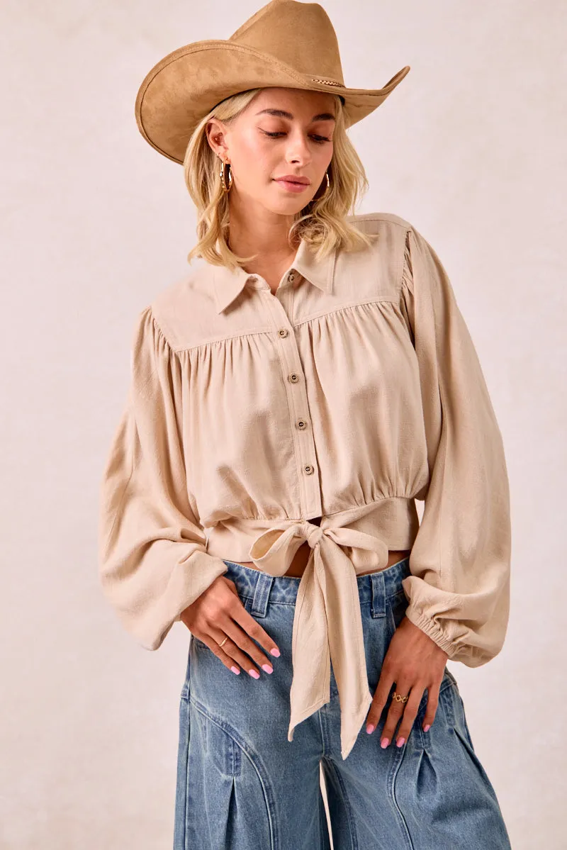 IT4380G-01 | LINEN VISCOSE TIE HEM DETAIL CROP BLOUSE ComfortStretch