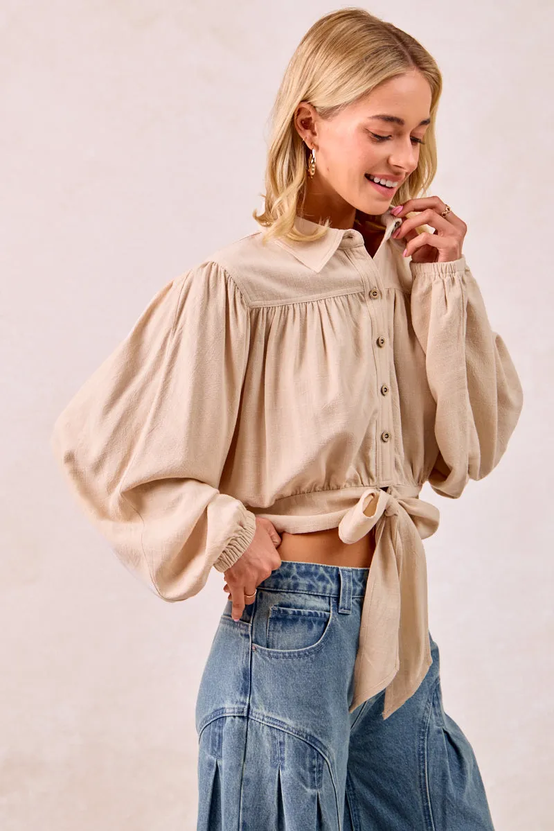 IT4380G-01 | LINEN VISCOSE TIE HEM DETAIL CROP BLOUSE Abrasion Resistant Surface Adjustable Collar System