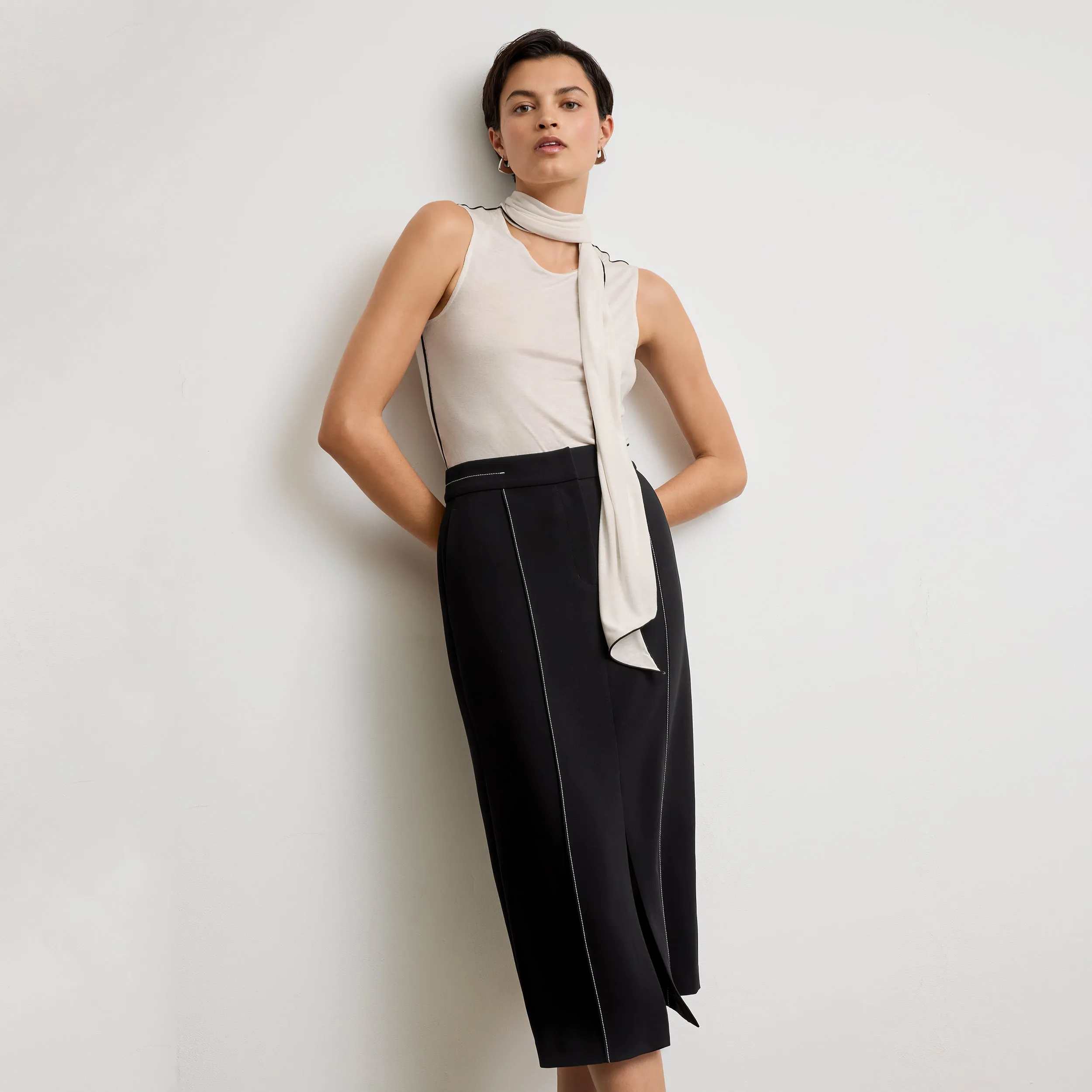 Meghan Midi Skirt - Everyday Crepe with Topstitch :: Black SmoothEdged Hem Hidden Button Placket