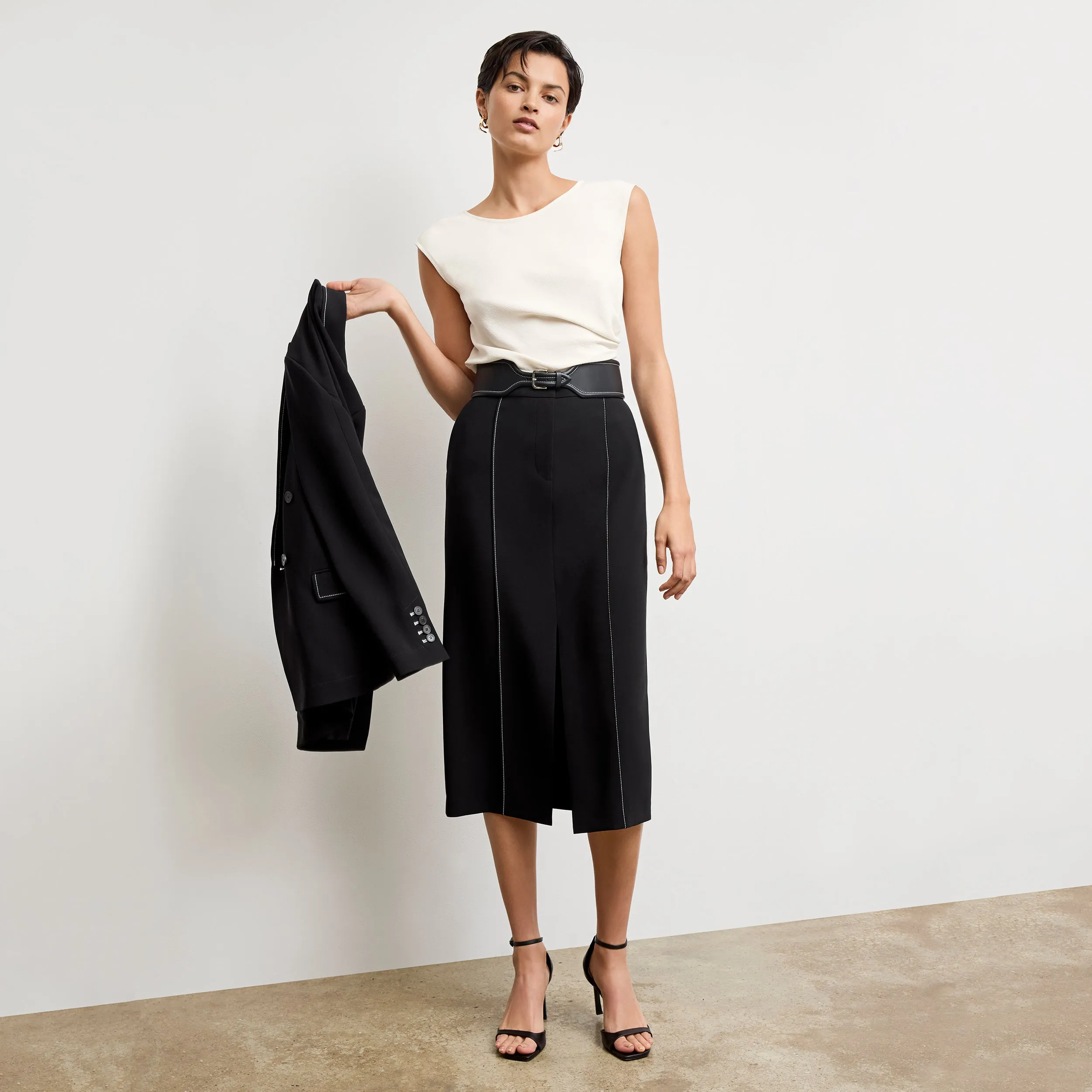 Stretchable Knit Seamless Design Meghan Midi Skirt - Everyday Crepe with Topstitch :: Black