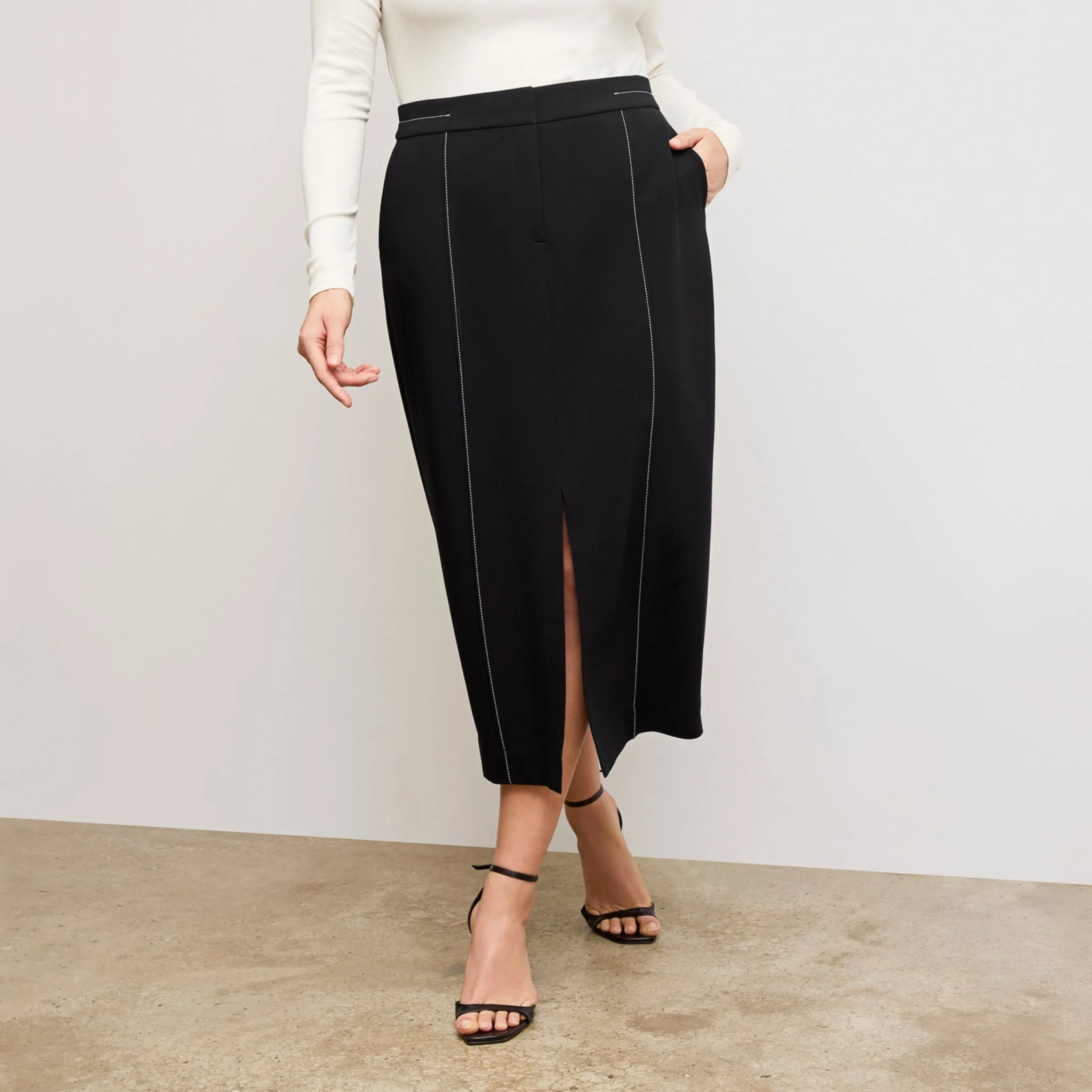 Casual Style Quick Dry Material Meghan Midi Skirt - Everyday Crepe with Topstitch :: Black SmoothEdged Hem