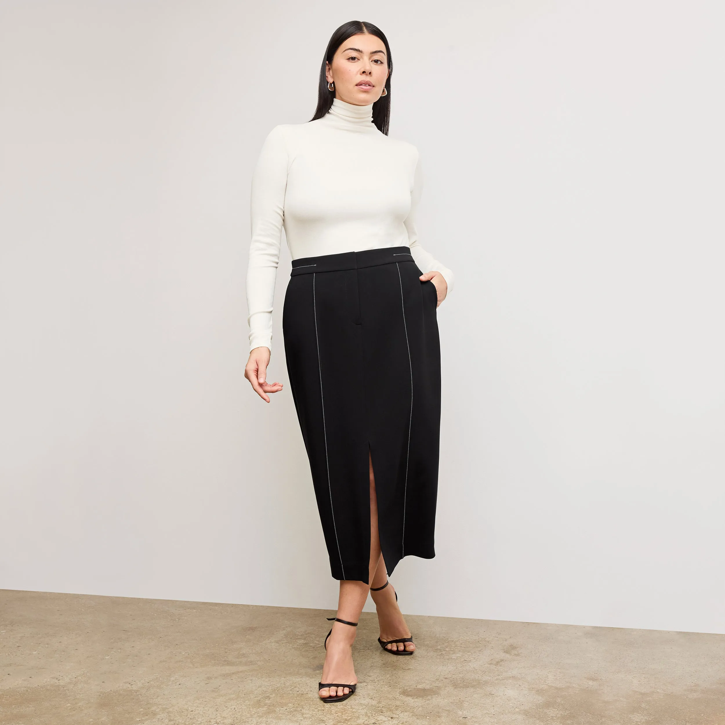 Tencel Lyocell Fiber TactileWeave Meghan Midi Skirt - Everyday Crepe with Topstitch :: Black