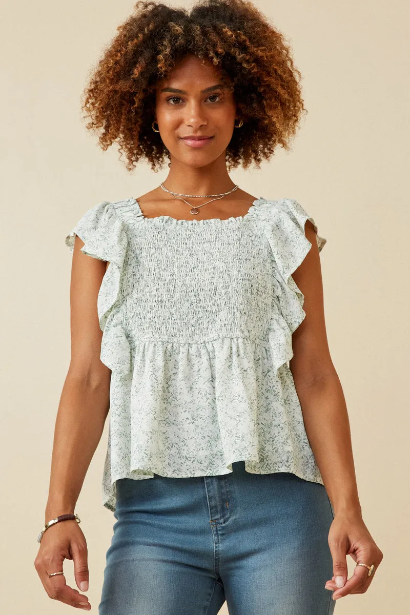 Ditsy Floral Smocked Ruffle Peplum Tank BioBased Fiber