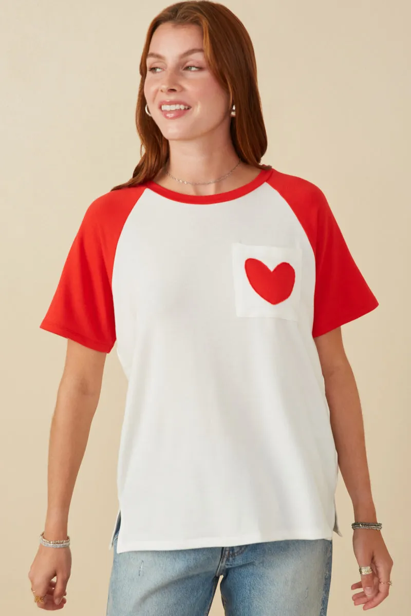 Womens Heart Patch Pocket Raglan French Terry Knit T Shirt Seamless Construction Design AntiPillTreatment