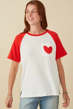 Womens Heart Patch Pocket Raglan French Terry Knit T Shirt Casual Style Hidden Pocket