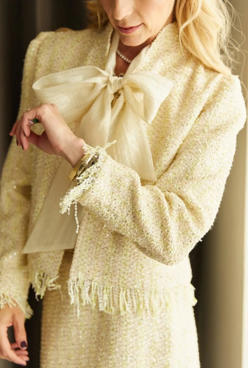 Breathable Technology Fringed Mona Lee Blazer - Ivory Twinkle Tweed