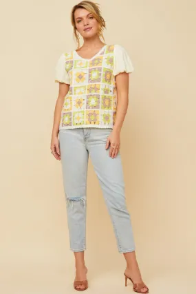 Crochet Quilted V Neck Puff Sleeve Top Soft Touch FrenchTerryTexture