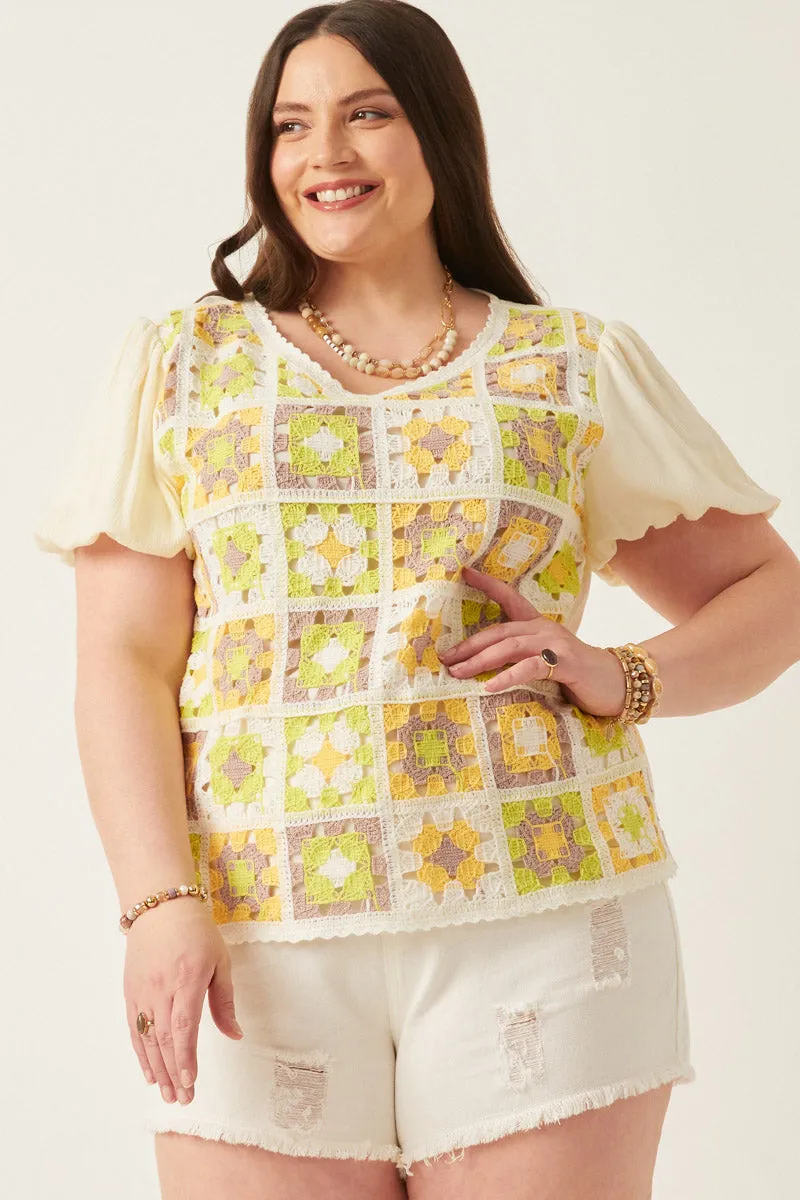 Active Blouse Crochet Quilted V Neck Puff Sleeve Top