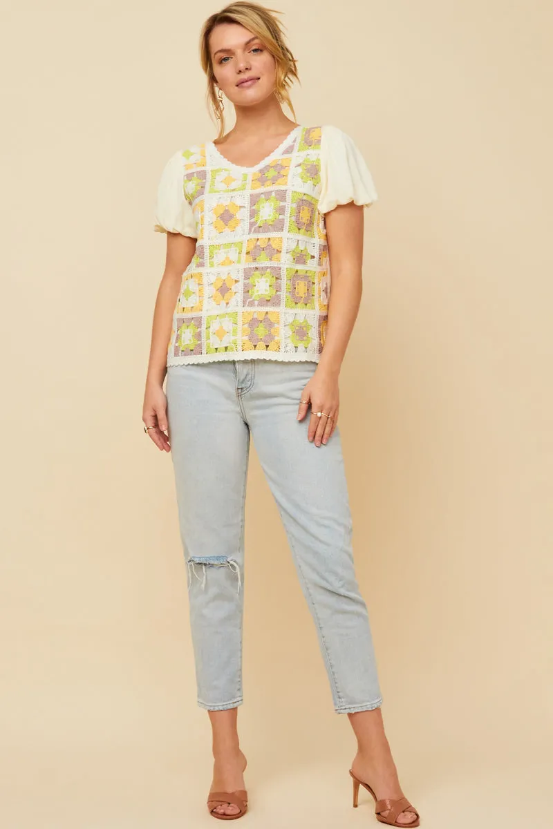 Crochet Quilted V Neck Puff Sleeve Top Soft Touch FrenchTerryTexture