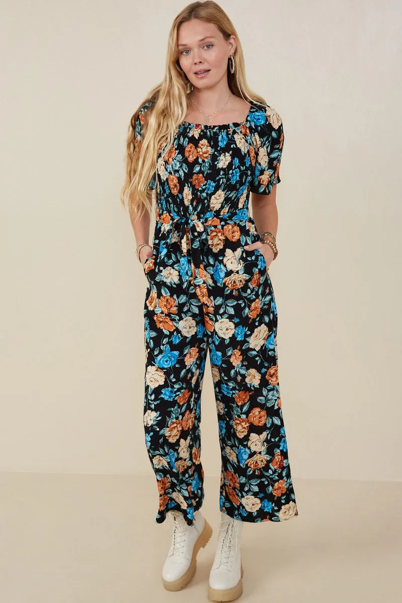 Romantic Floral Self Tie Wide Leg Jumpsuit Day Love Art Spirit