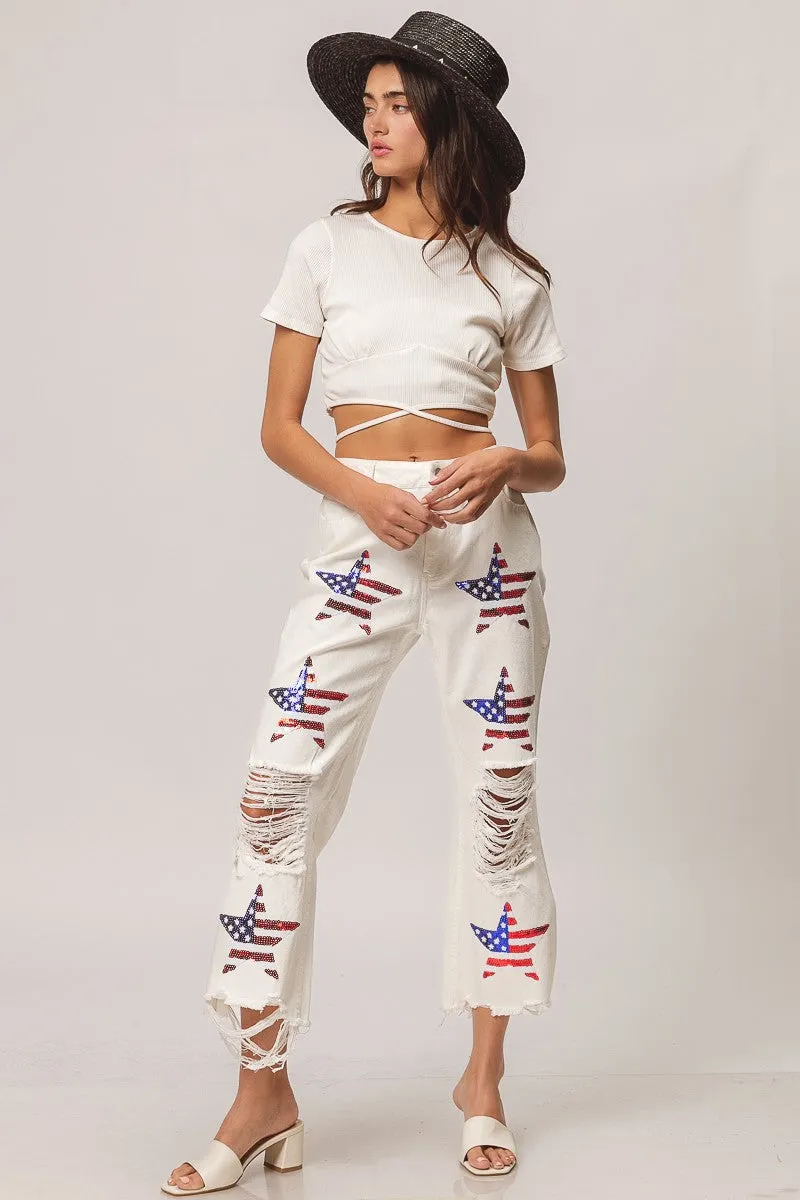 IB1171G-11 | SEQUIN AMERICAN FLAG STAR PANTS Plaid detail