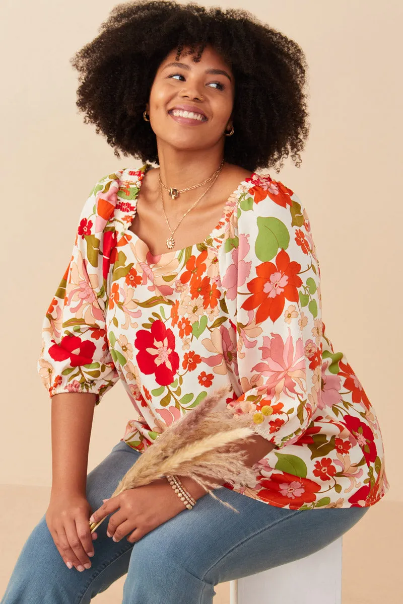 Floral Print Elastic Detail Satin Top EasyCareFabric UV protection coating