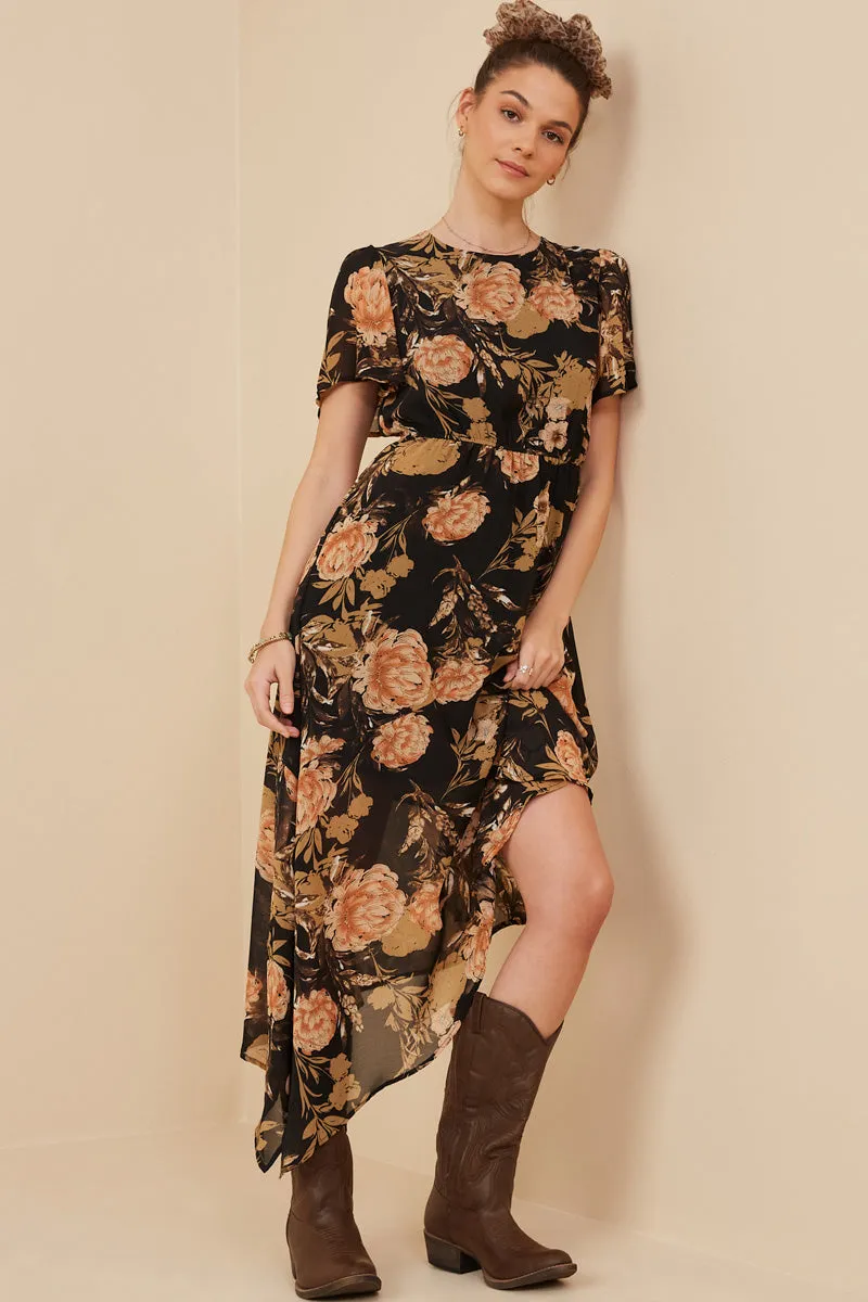 Stay Cool High Cut Romantic Floral Cinch Waist Asymmetric Hem Dress