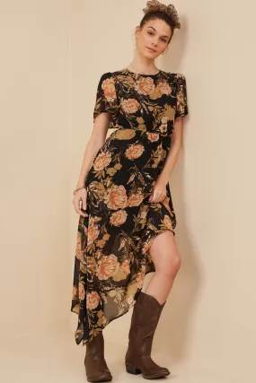 Stay Cool High Cut Romantic Floral Cinch Waist Asymmetric Hem Dress