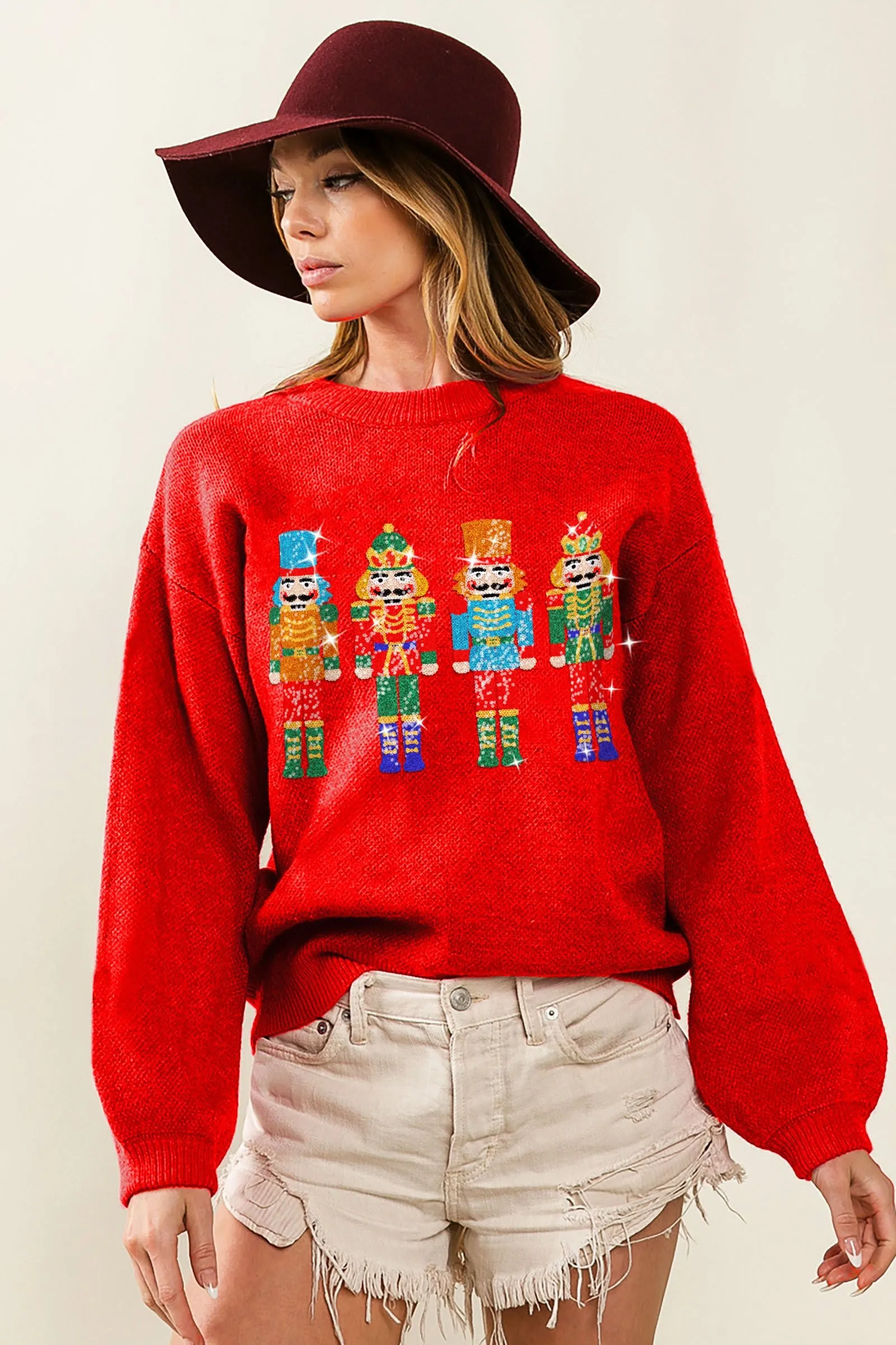 IP5685-35 | NUTCRACKERS EMBROIDERY CHRISTMAS SWEATER PULLOVER TearResistantPanels