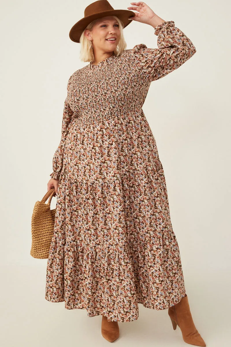 Airy Weave Cinched Cuff Floral Print Smocked Dress