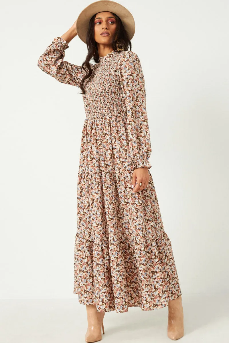 Cinched Cuff Floral Print Smocked Dress Smooth Drape Celebrity-Inspired