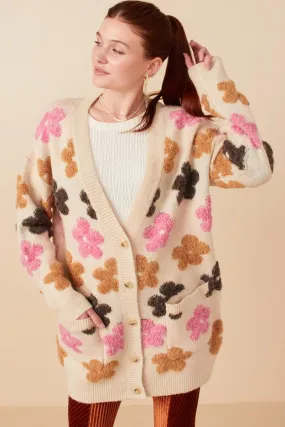 Fuzzy Textured Floral Relaxed Sweater Cardigan BreathableFabric