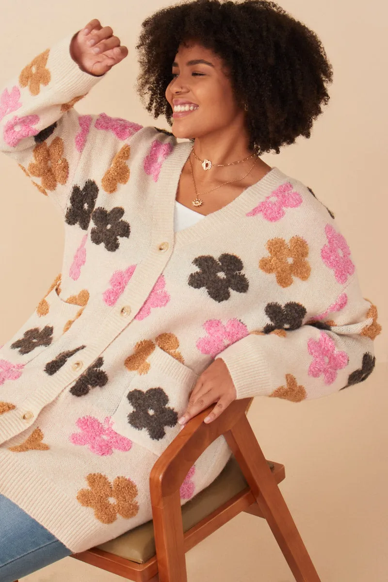 Double Stitch Seams Fuzzy Textured Floral Relaxed Sweater Cardigan