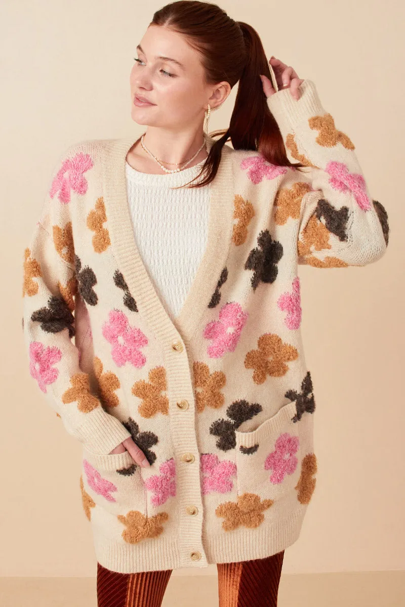 Breathable fabric tech Fuzzy Textured Floral Relaxed Sweater Cardigan