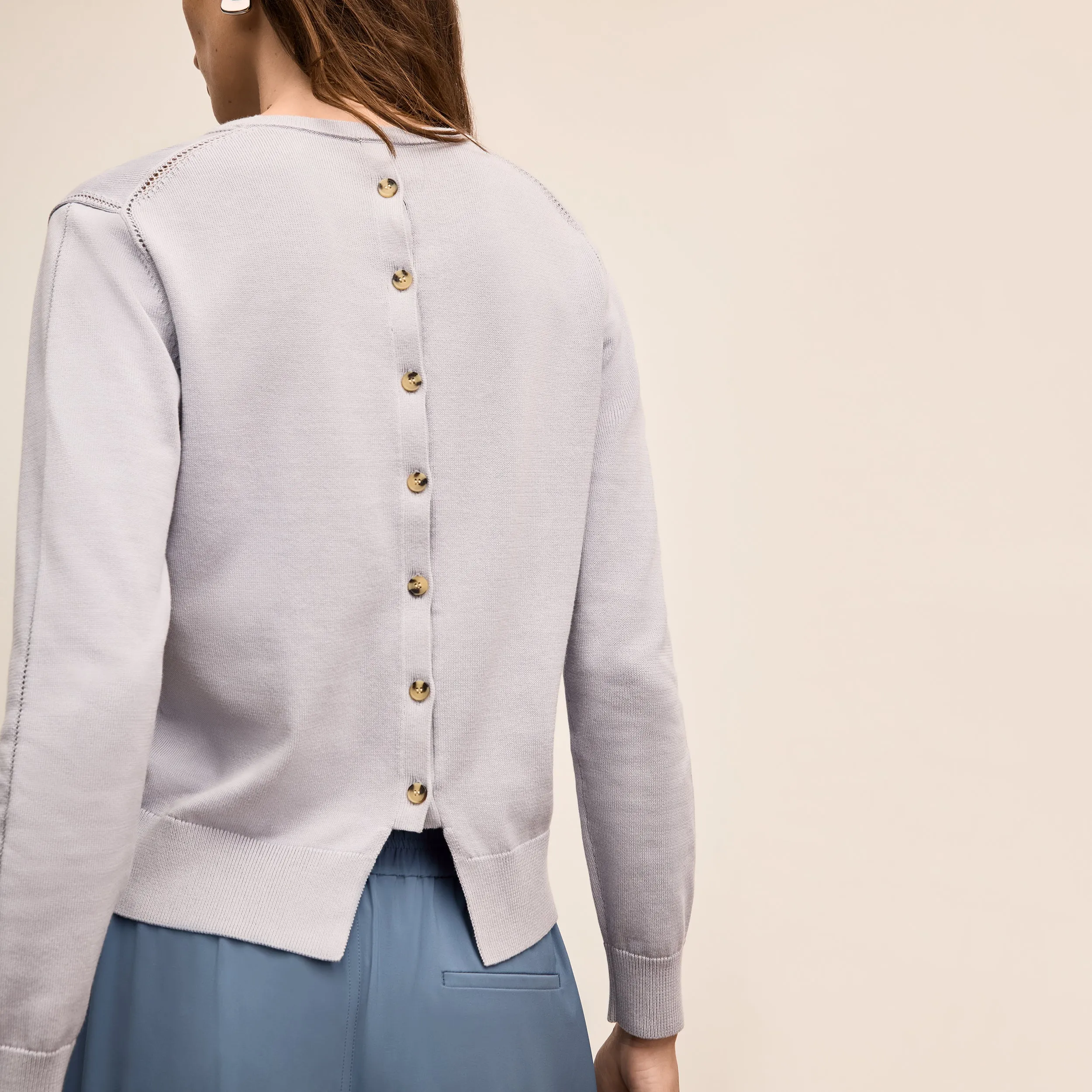 Larissa Pointelle Sweater - Cotton Silk Knit :: Powder Blue Bonded Hem Technology Brushed Interior