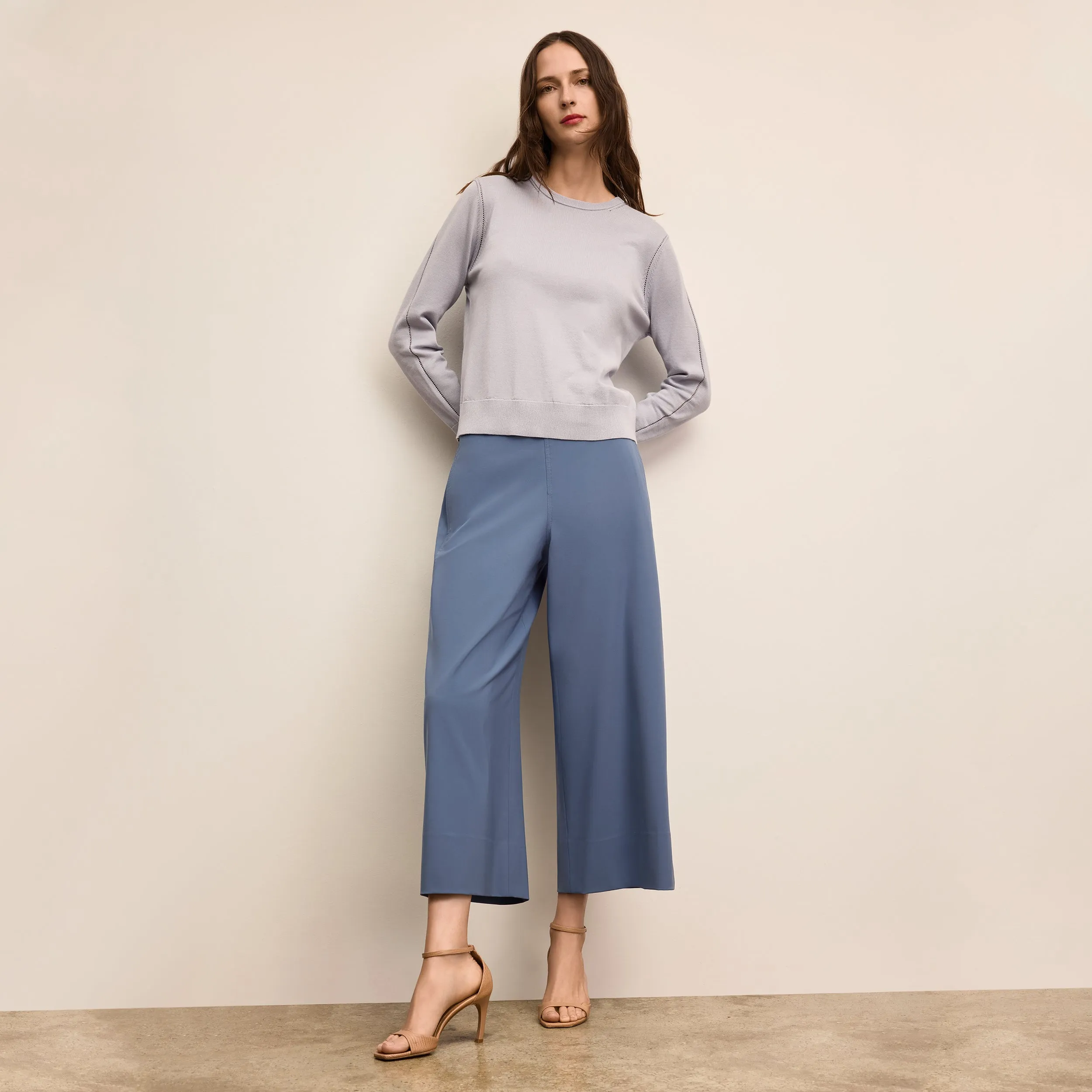 Larissa Pointelle Sweater - Cotton Silk Knit :: Powder Blue Soft Ribbed Texture Cold Season