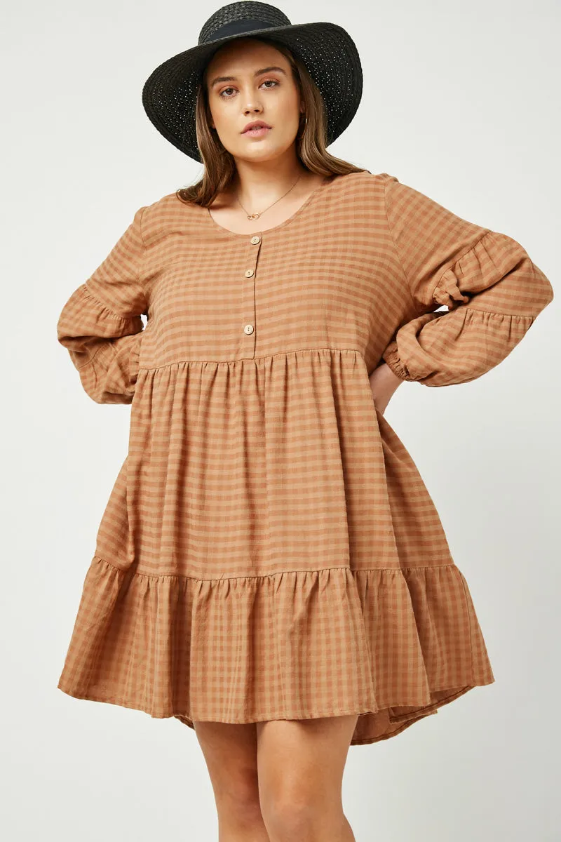 Sleek Texture Clean Touch Button Detail Tiered Gingham Dress