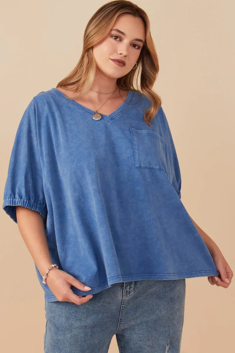 Garment Washed V Neck Elastic Sleeve T Shirt SoftKnit