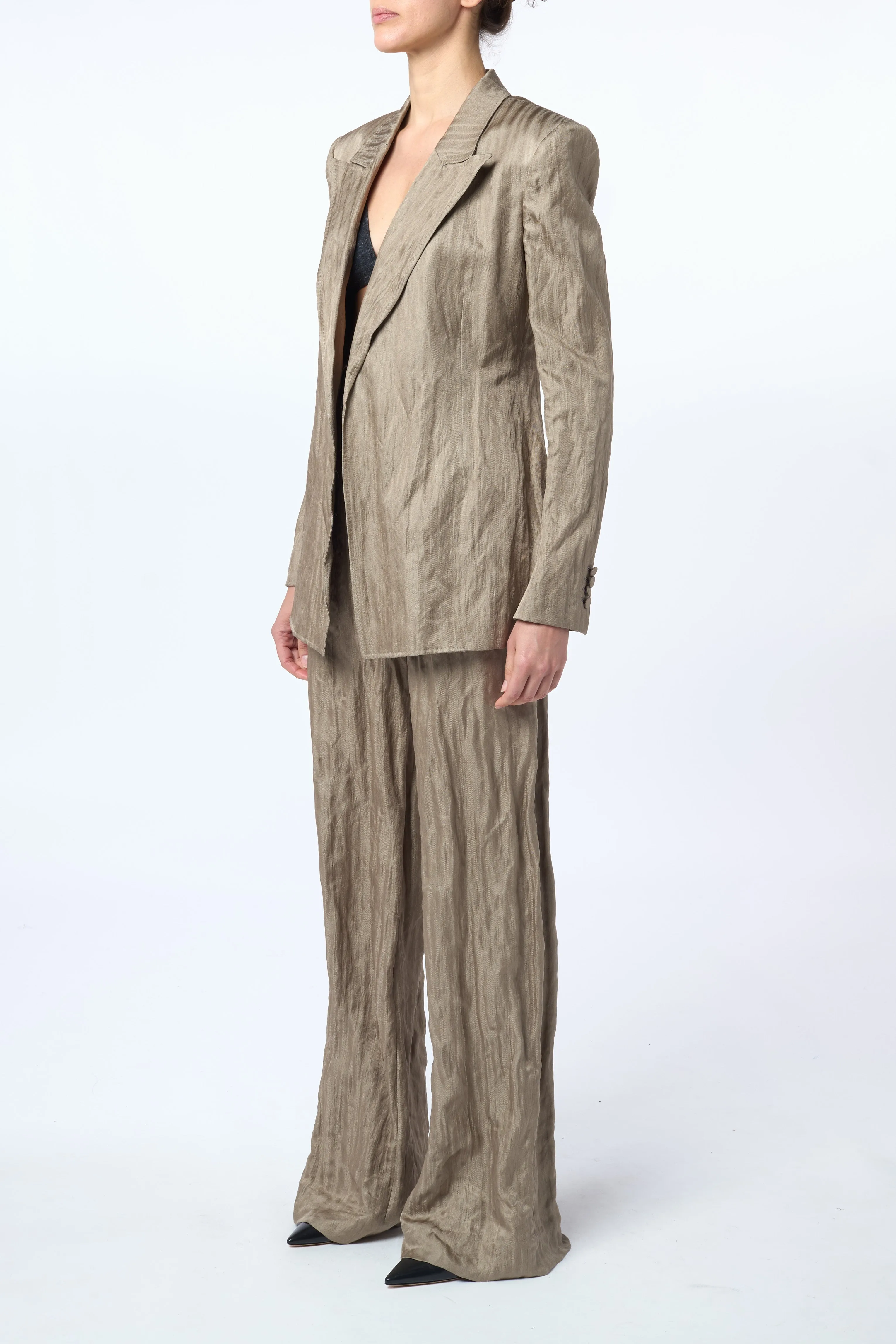 Mairi Blazer in Gunmetal Metallic Crinkled Silk Workout Apparel