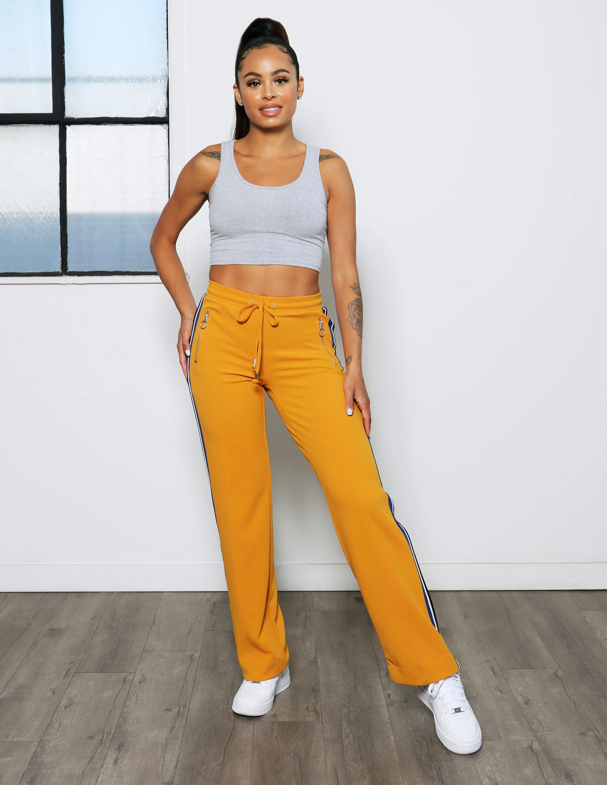 Get Going Knit Crepe Athletic Side Stripe Wide Leg Pant Side zipper Anti Pilling