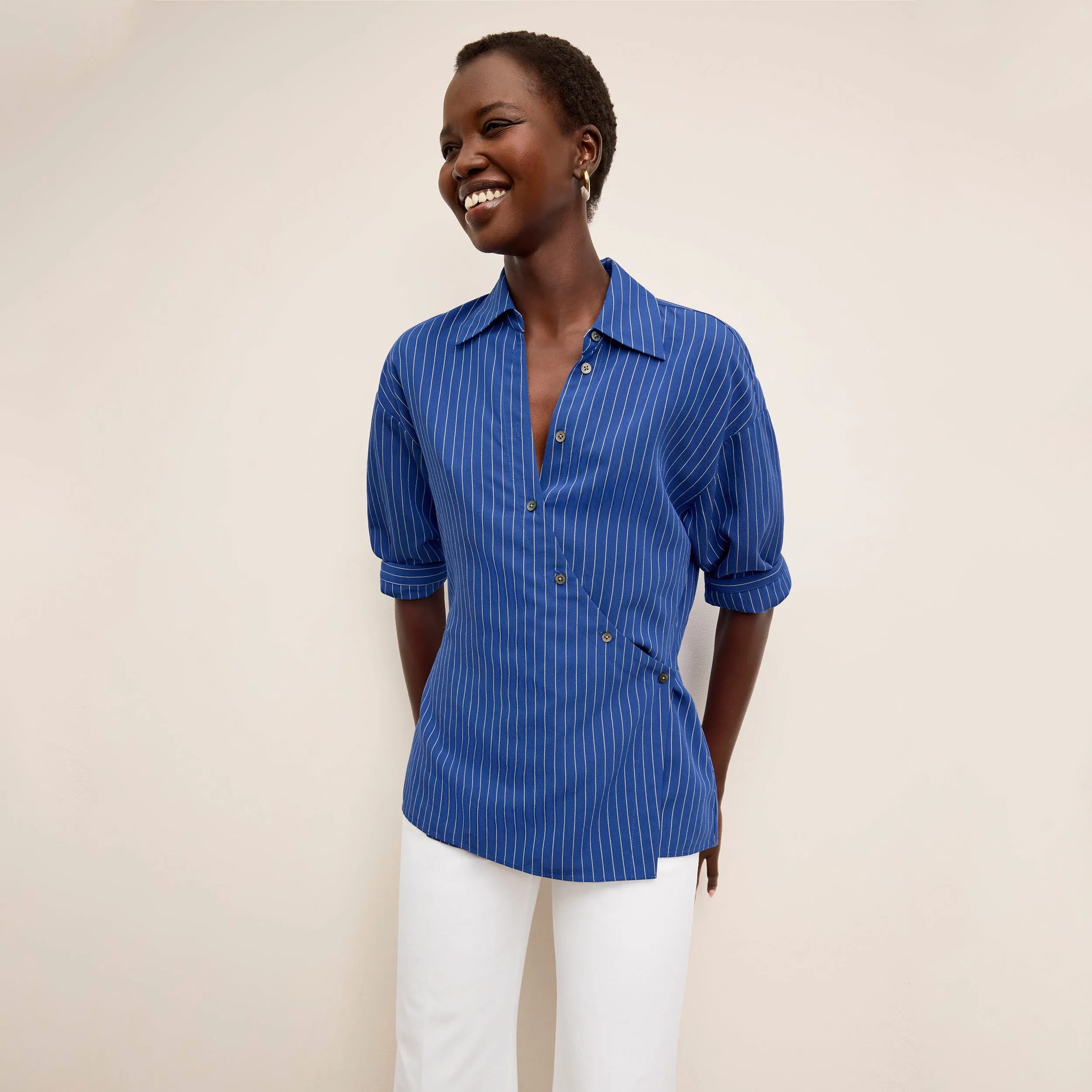 Gia Vacation Top - Soft Stripe :: River/Ivory HiddenPocket