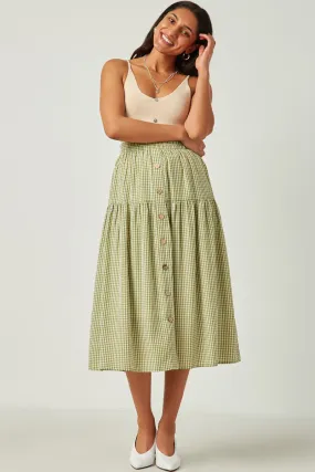 Gingham Elastic Waist Button Down Skirt Flex Fit